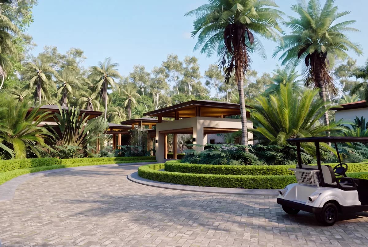 Architectural visualization of the Selva Grand House arrival and landscape at Sueños del Mar.