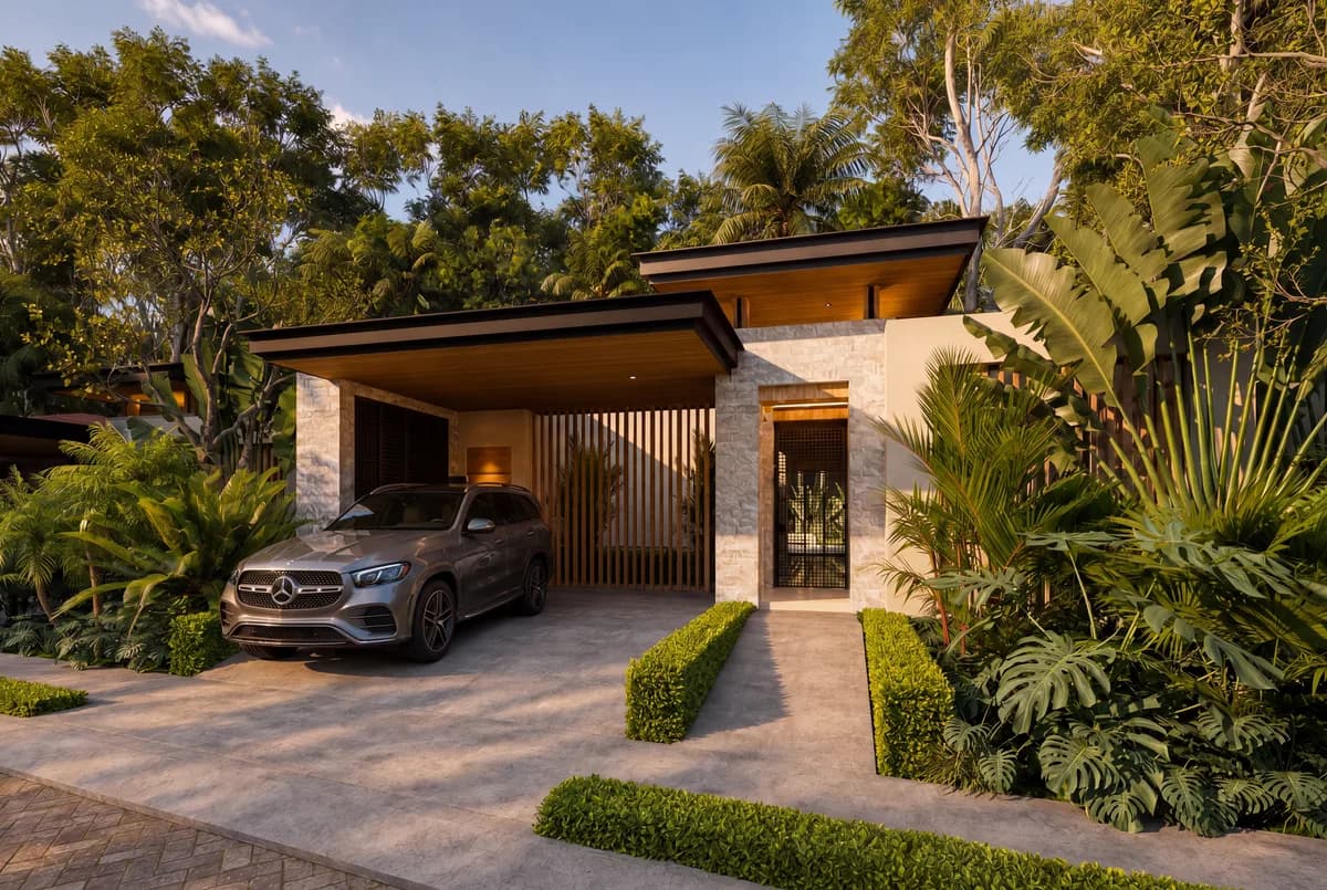 Architectural visualization of a Model C facade and covered parking at Sueños del Mar.