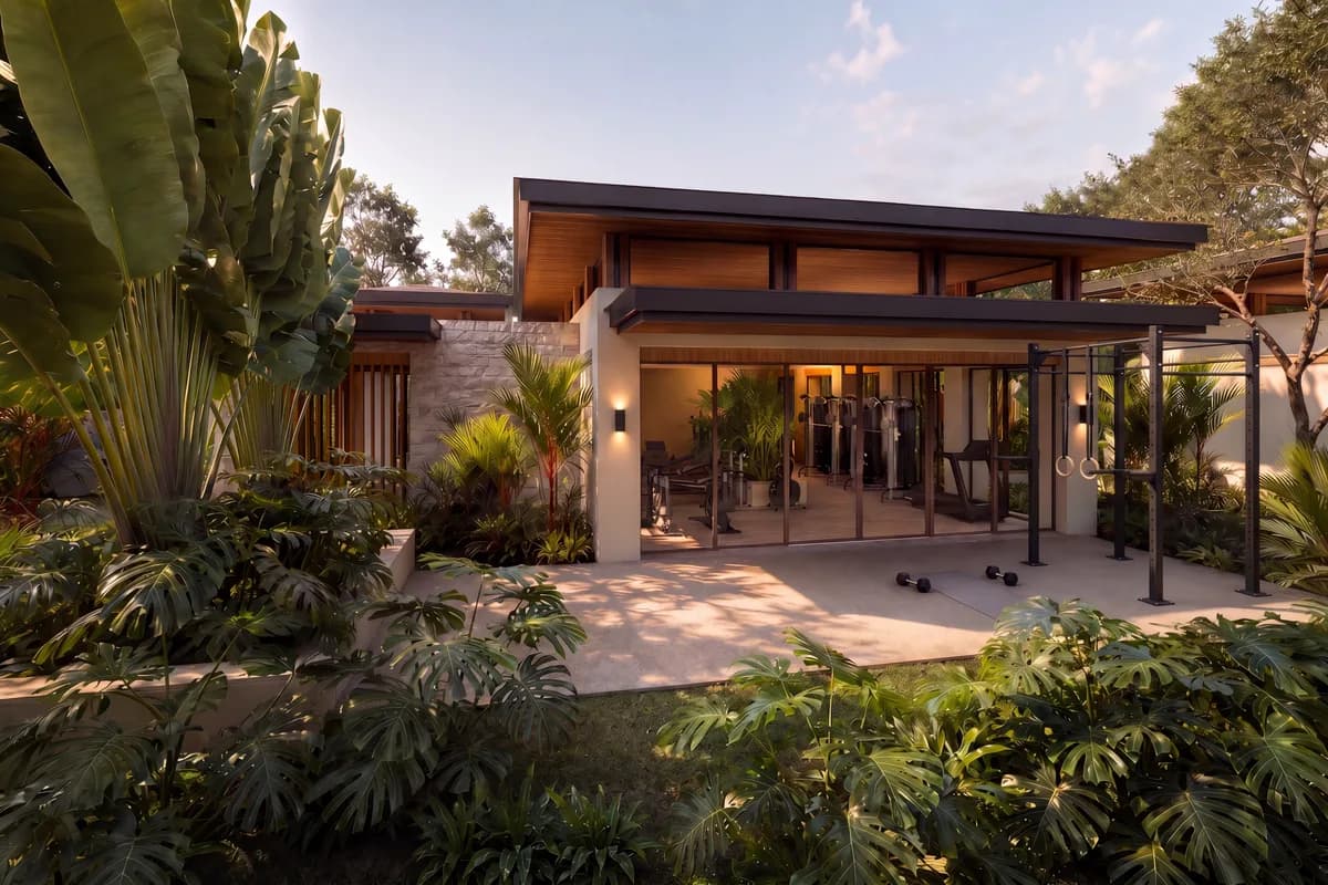 Architectural visualization of the VIDA Deck open-air fitness area at Sueños del Mar.